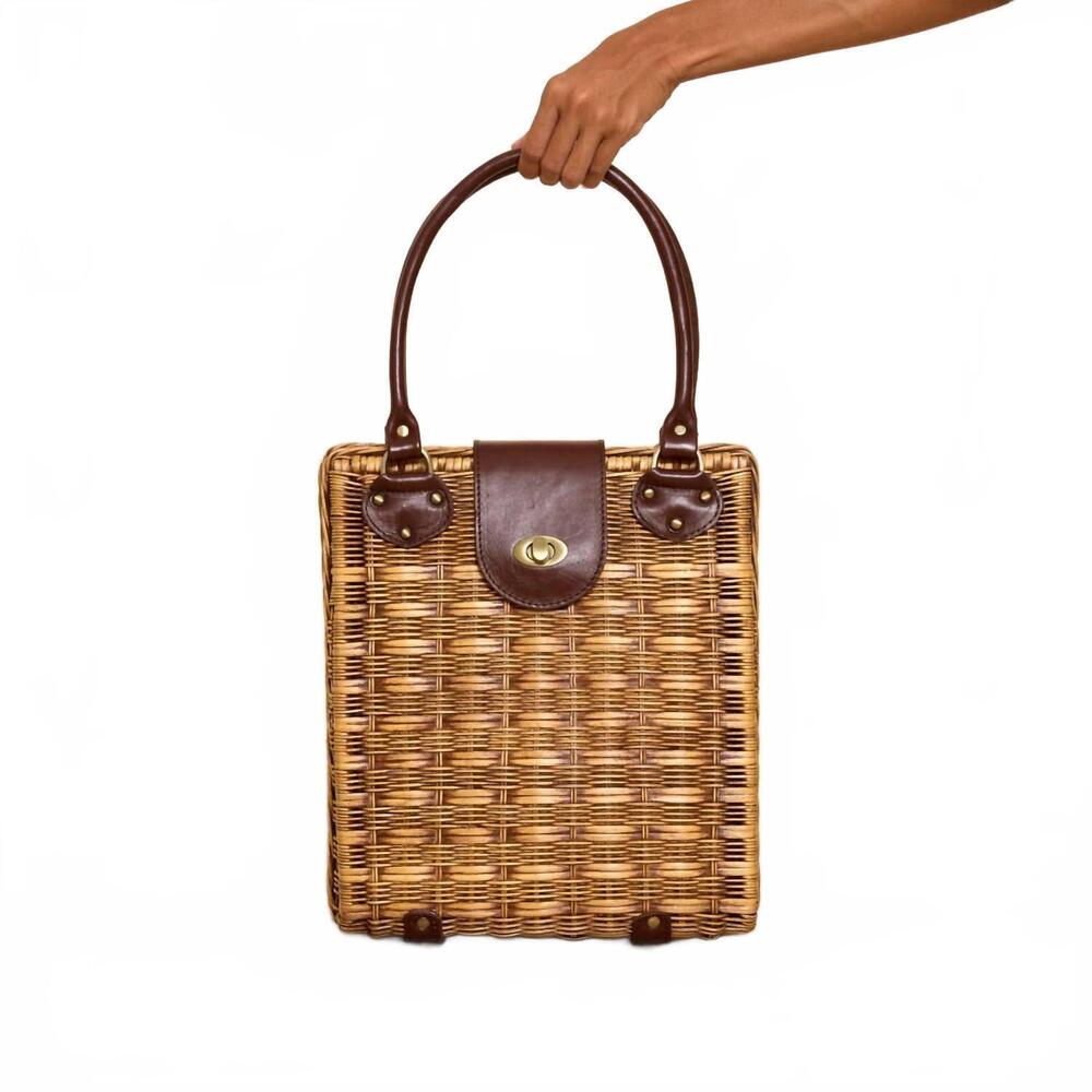 NEW THE WINDING ROAD women's large rattan handbag with twist closure in brown